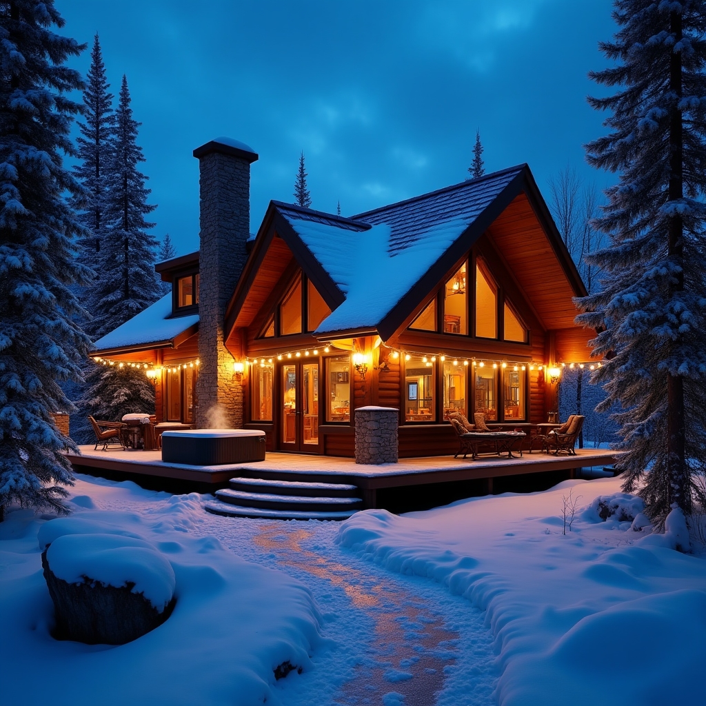Cozy mountain cabin short-term rental surrounded by pine trees with warm interior lighting visible