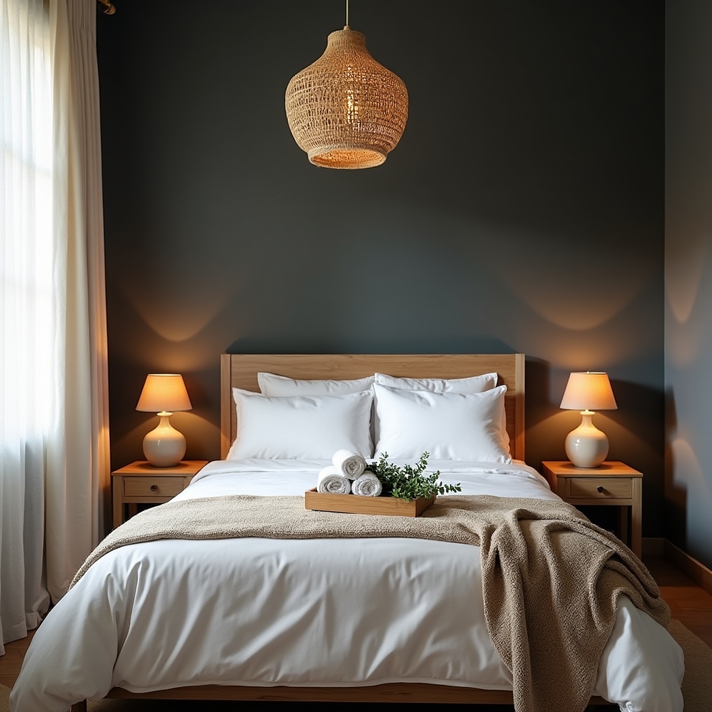 Professionally staged bedroom in a short-term rental with neutral tones and quality linens