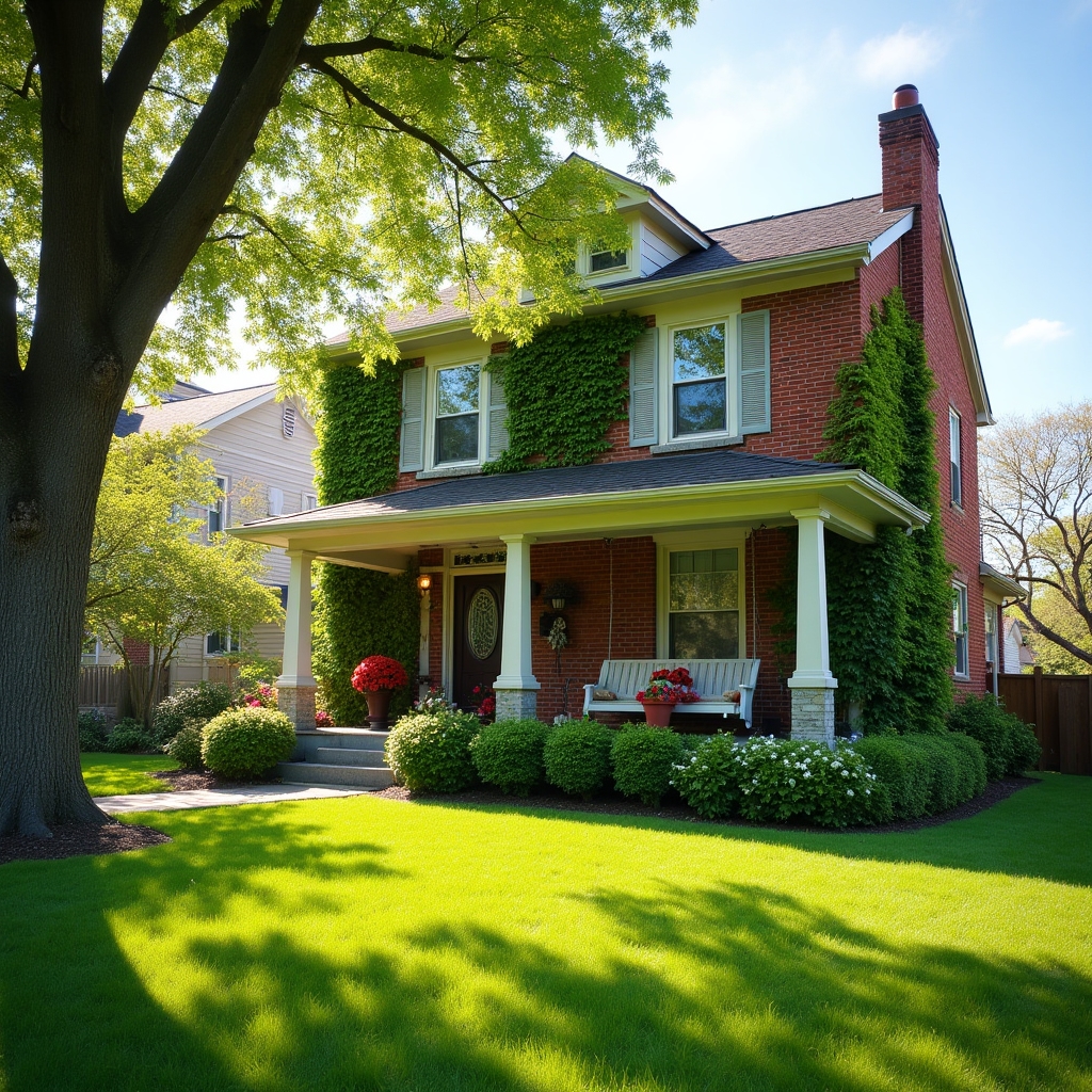 Well-maintained suburban home listed as short-term rental with welcoming front porch and manicured garden