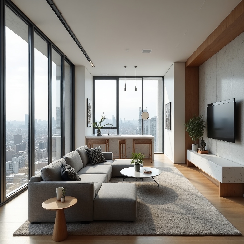 Modern urban apartment short-term rental with city view and contemporary furnishings